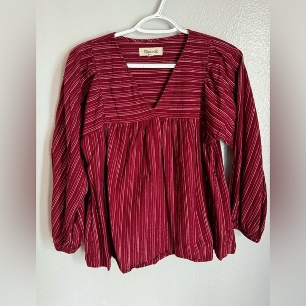 Madewell Swingy Peasant Top Metallic Stripes Burgundy Top XS